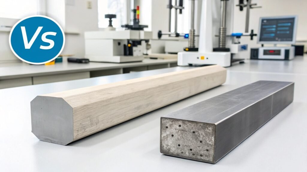 alt with keywords: graphic comparing a block of aluminum and a block of steel with strength vectors